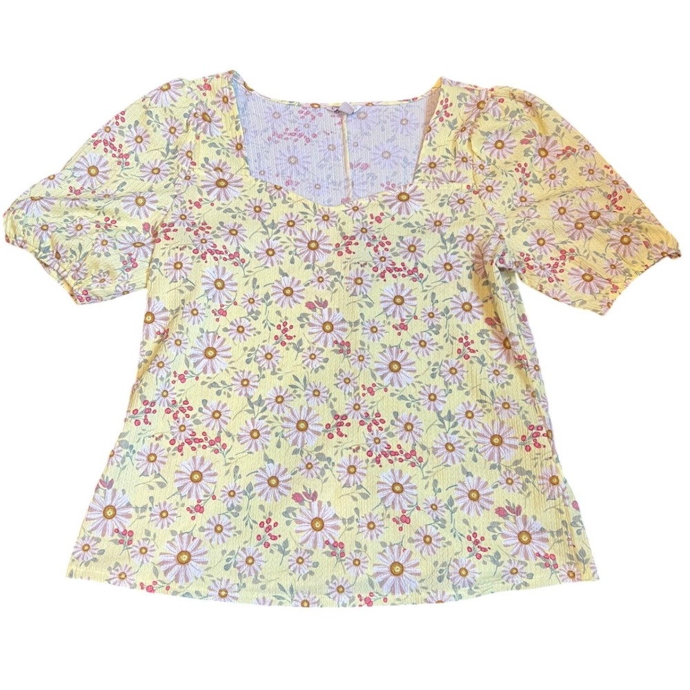Cato Yellow Floral Daisy Sweetheart Neck Puff Sleeve Blouse Top Medium